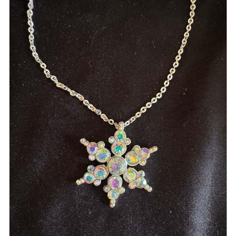 Silver AB Rhinestone Snowflake Necklace Holiday Christmas Pendant 19” N250